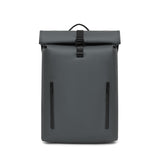 Gray roll-top backpack with black zippers 