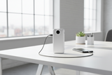 White power bank with digital display on a white background